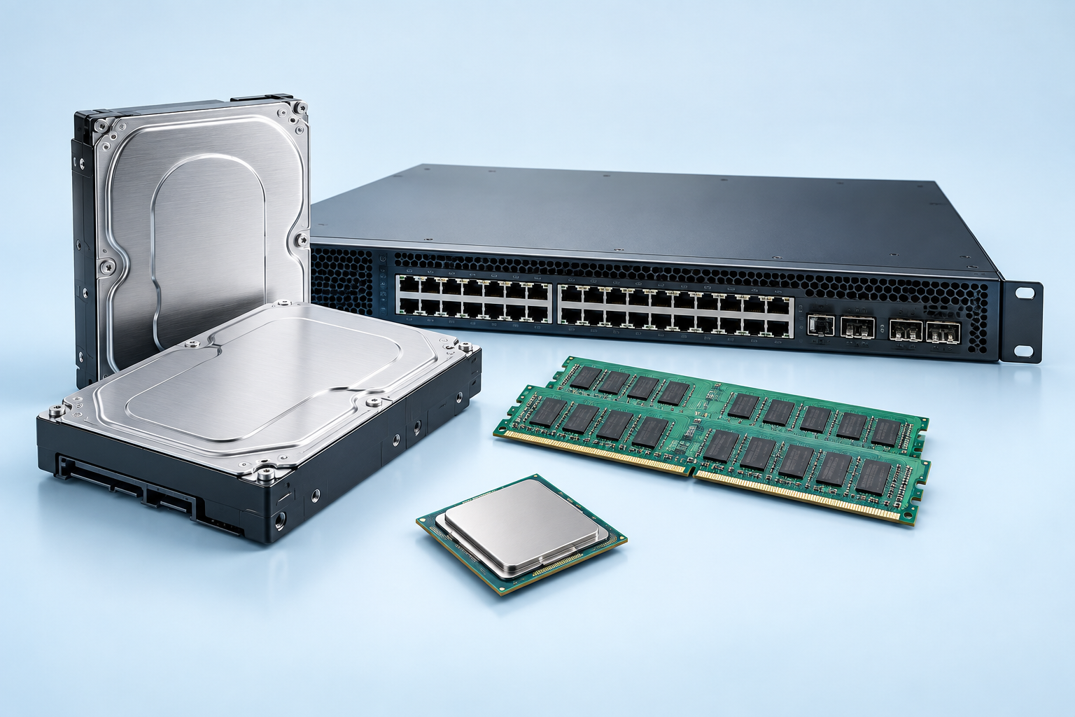 Illustration of enterprise drives, a network switch, memory and processor